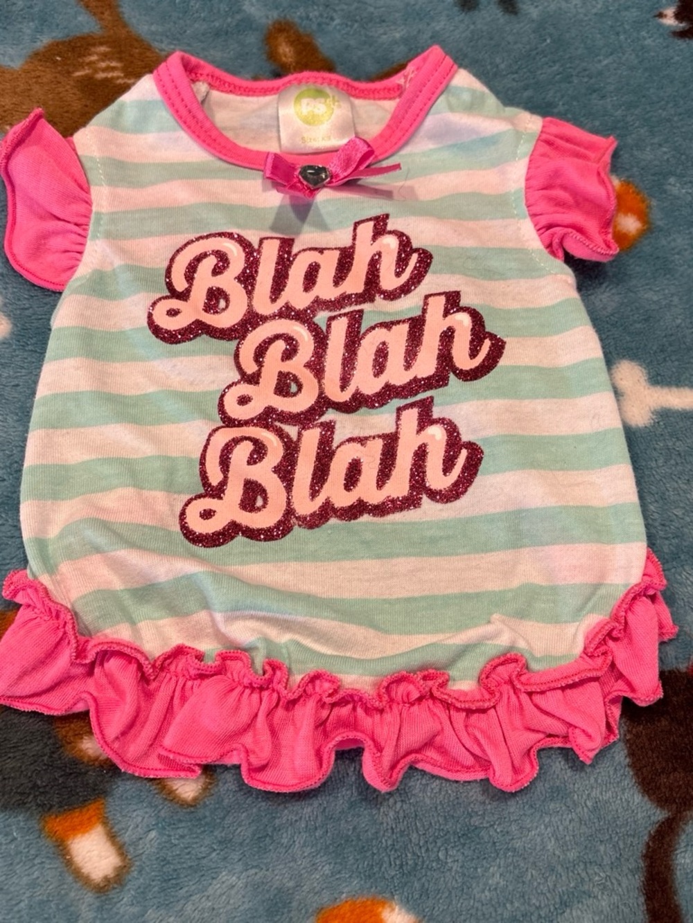Striped Mint & Pink Ruffle Pet Tee with Glitter 'Blah Blah Blah'